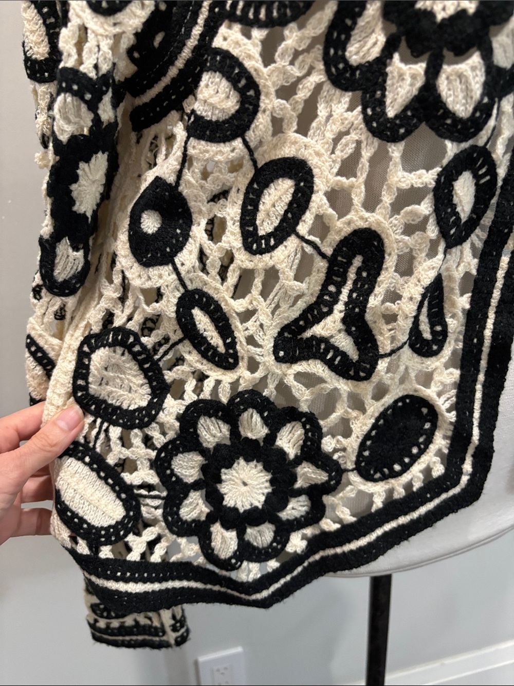 Crochet Cardigan Black Cream Floral Boho Festival S/M Sweater - Picture 12 of 14